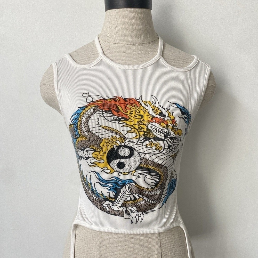 AKIRA Chicago Dragon Ying Yang Rhinestone Print Halter Tie White Top Size S 1355